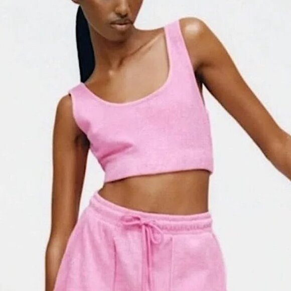 Zara Terry Cloth SET Scoop Neck Crop Top High Waist Shorts Pink Size Small - Picture 3 of 10